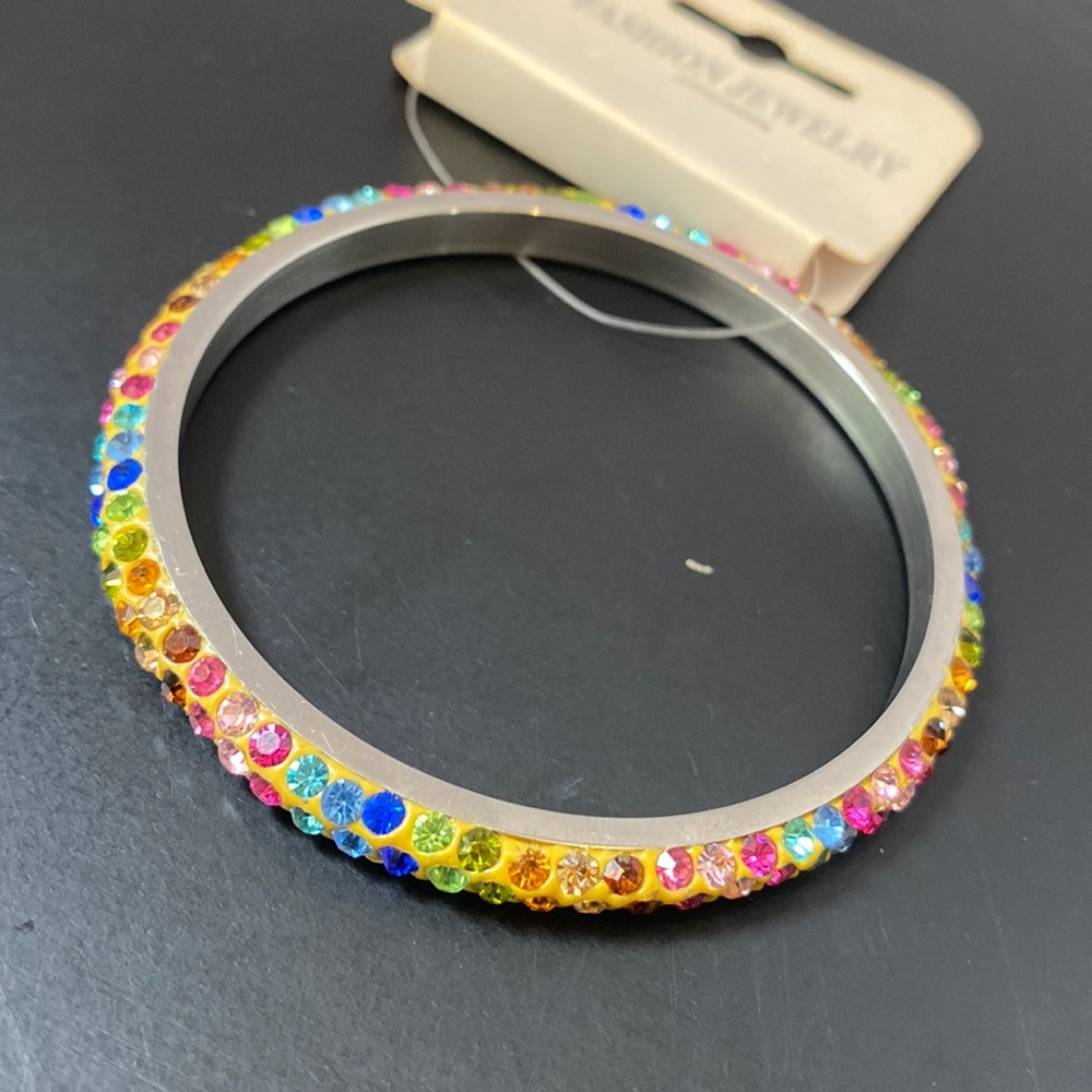 Colorful glass bead bangle bracelet silver tone fashion jewelry nickel free NWT